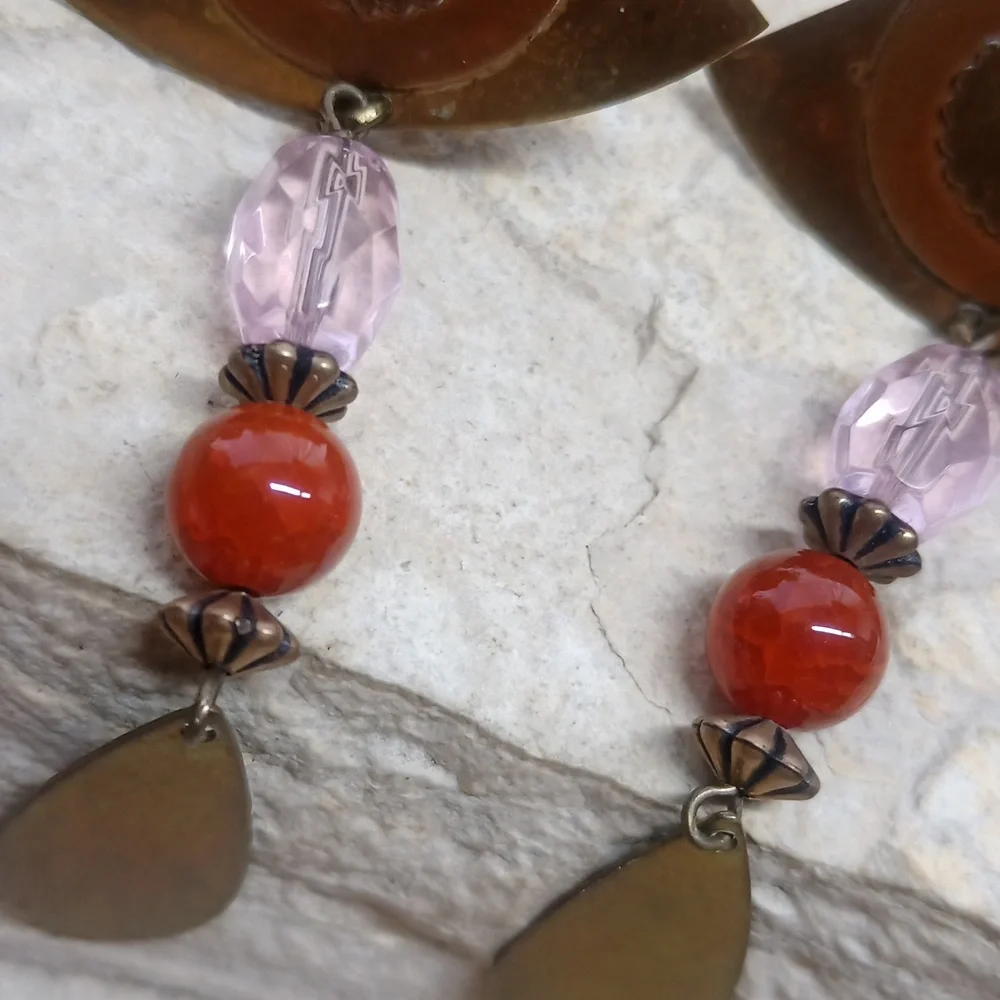 Vintage Copper Brass Carnelian agate dangle earrings clip on